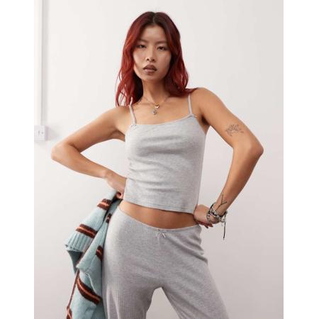 Monki Mix en match Ajourgebreide mini pyjamatop met kant en kleine strikjes in gemêleerd grijs