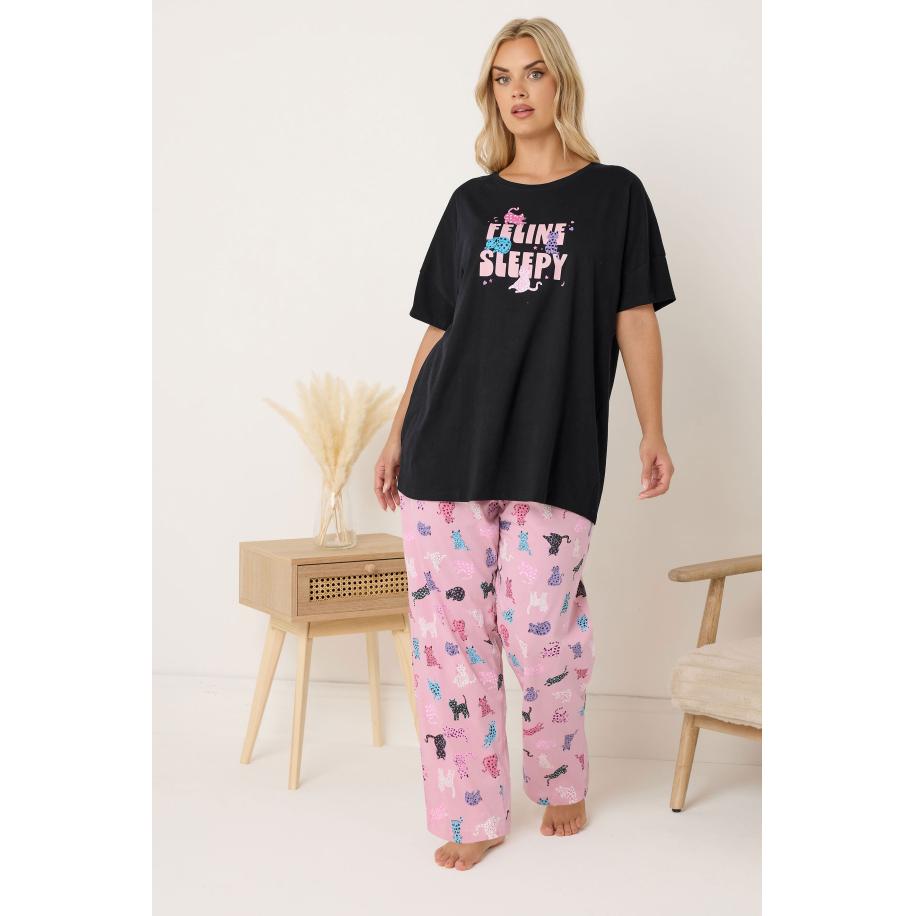 Yours Zwarte Feline Sleepy Pyjamaset Met Wijde Pijpen Size 66-68 Zwart