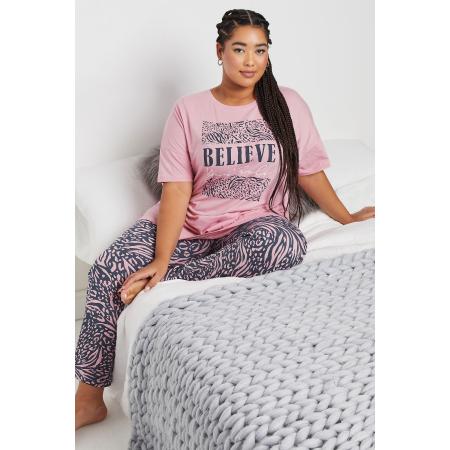 Yours Pyjamaset Met 'Believe' Slogan En Luipaardprint In Roze Size 66-68