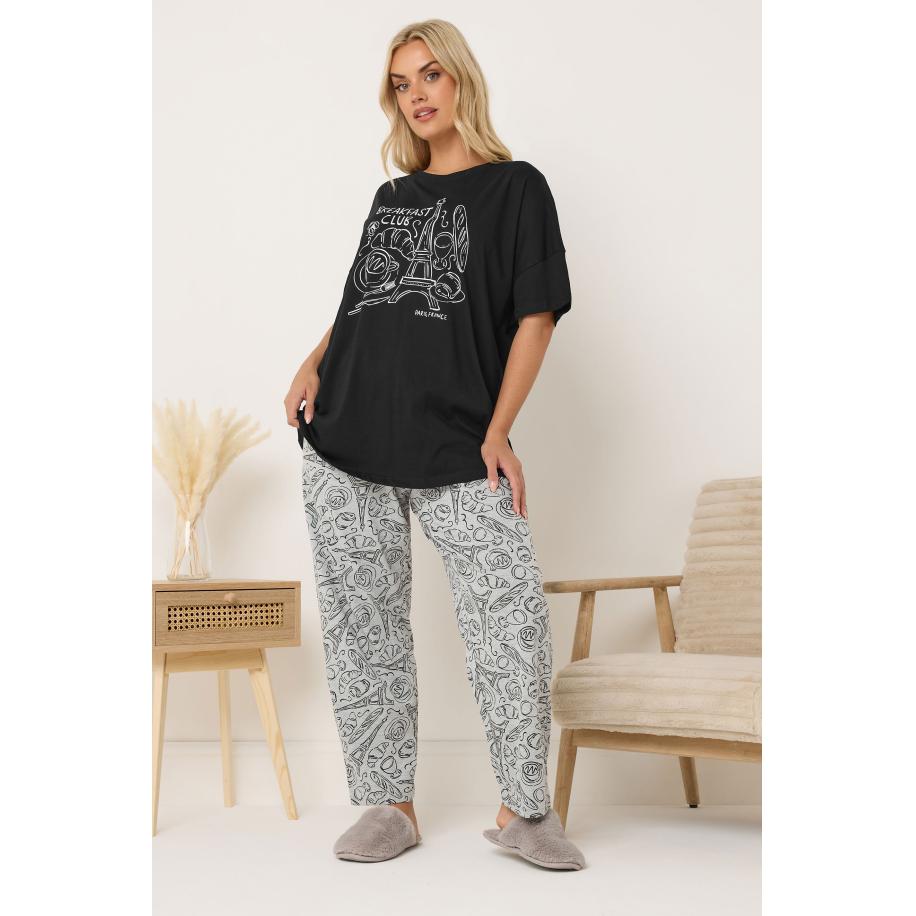 Yours Zwarte Breakfast Club Pyjamaset Met Wijde Pijpen Size 66-68 Zwart
