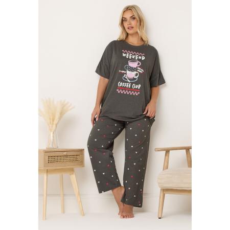 Yours Bruin Weekend Coffee Club Wijde Pyjamaset Size 66-68