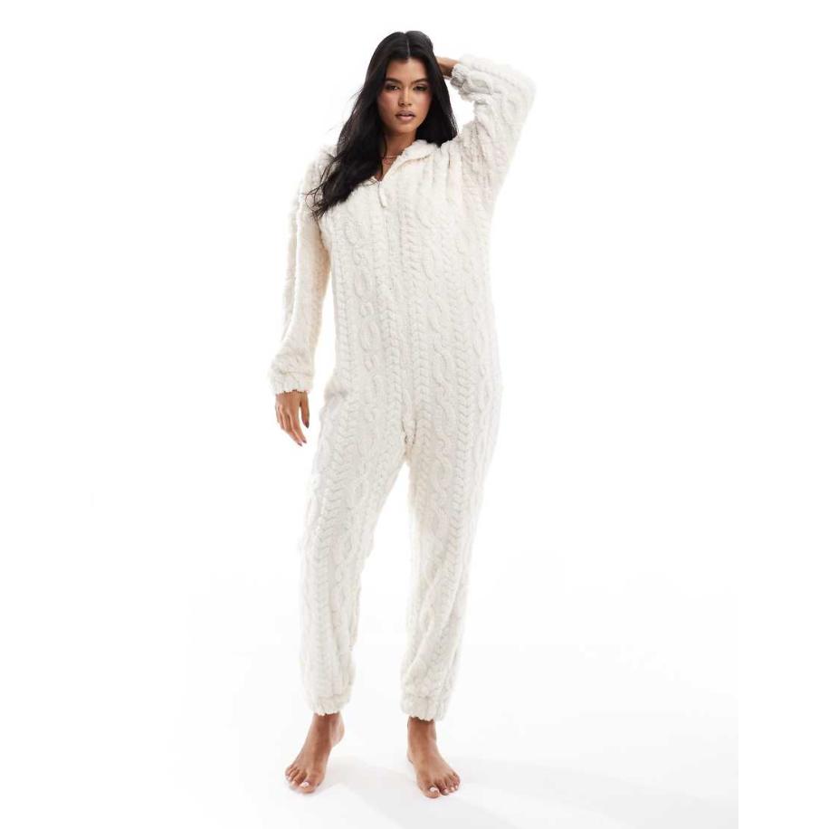 ASOS DESIGN Lounge-onesie van getextureerd fleece in crème-Brown Bruin