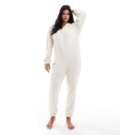 ASOS DESIGN Lounge-onesie van getextureerd fleece in crème-Brown