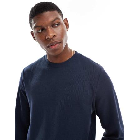 New Look - Loungekleding - T-shirt met wafelstructuur en lange mouwen in marineblauw, deel van co-ord set