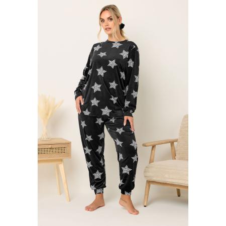 Yours Curve Zwarte Sterrenprint Fleece Pyjama & Scrunchie Set Size 62-64