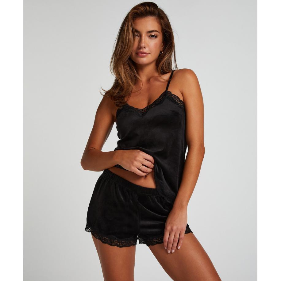 Hunkemöller Shorts Velours Lace Zwart Zwart