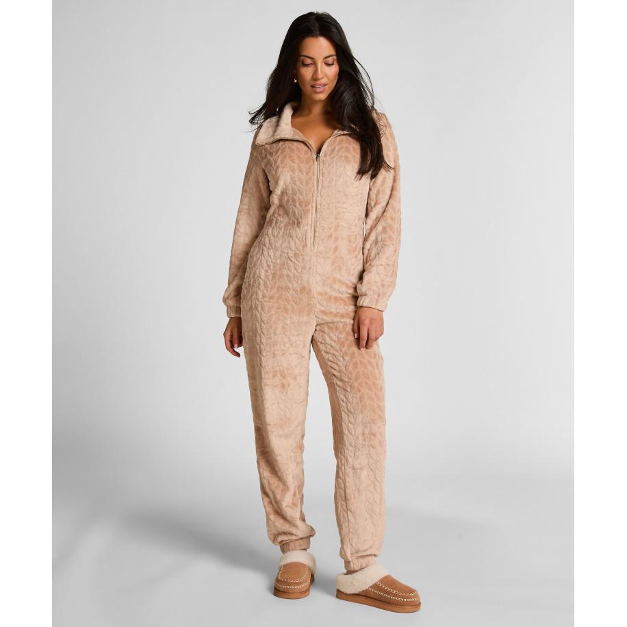 Hunkemöller Onesie met kabelontwerp en rits Beige Bruin