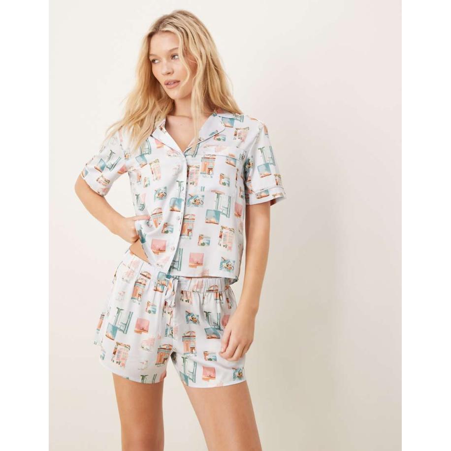 Abercrombie & Fitch Nachtkleding Top met knopen en ansichtkaartprint, deel van co-ord set-Veelkleurig Multicolor