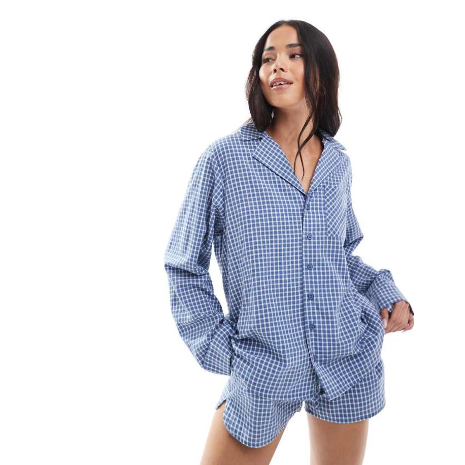 Daisy Street Geruit pyjamashirt in blauw Blauw