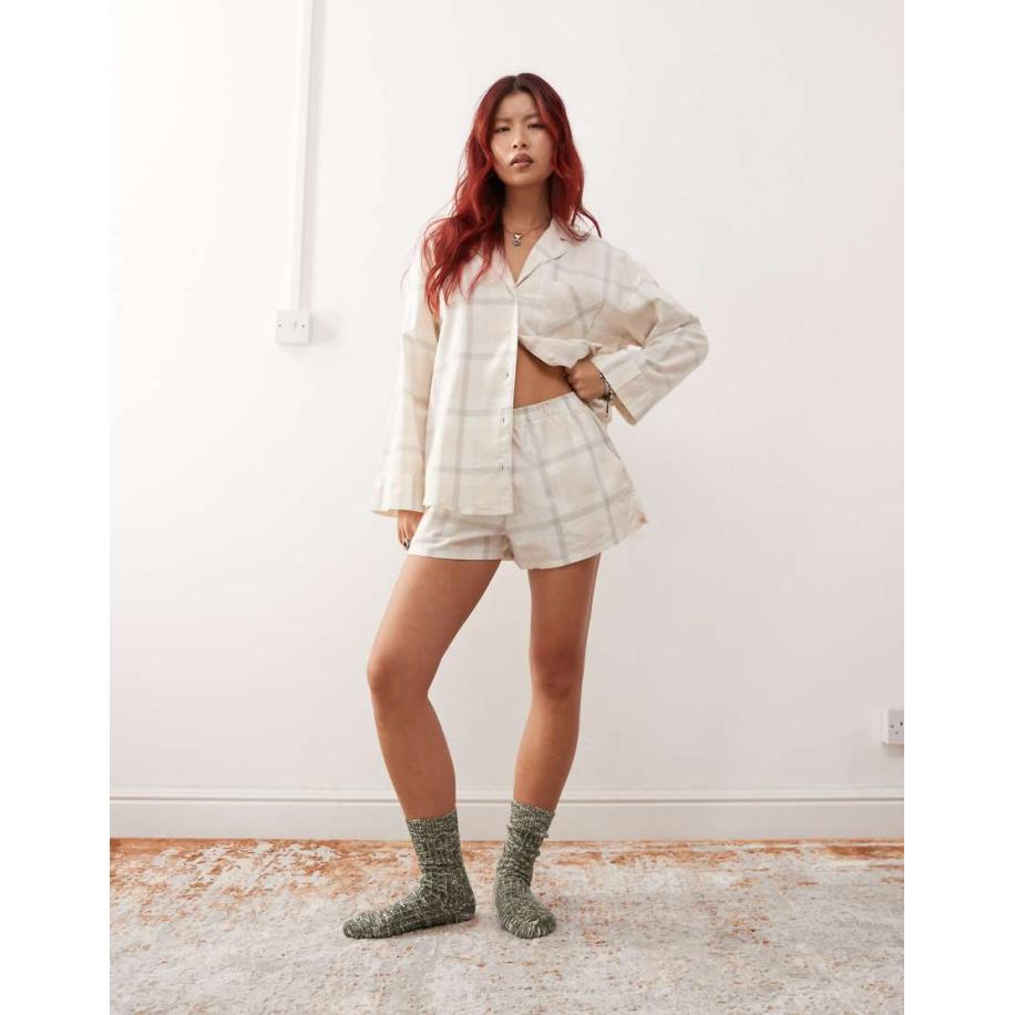 Monki Flanellen boxershort met ruiten in dezelfde tint, deel van co-ord set-Neutraal Multicolor