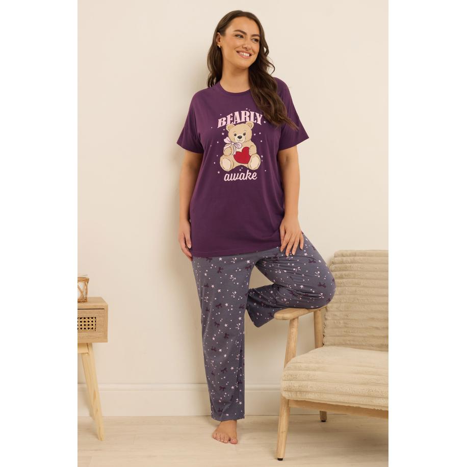 Yours Curve Paarse 'Bearly Awake' Slogan Print Wijde Pijpen Pyjama Set Size 50-52 Paars