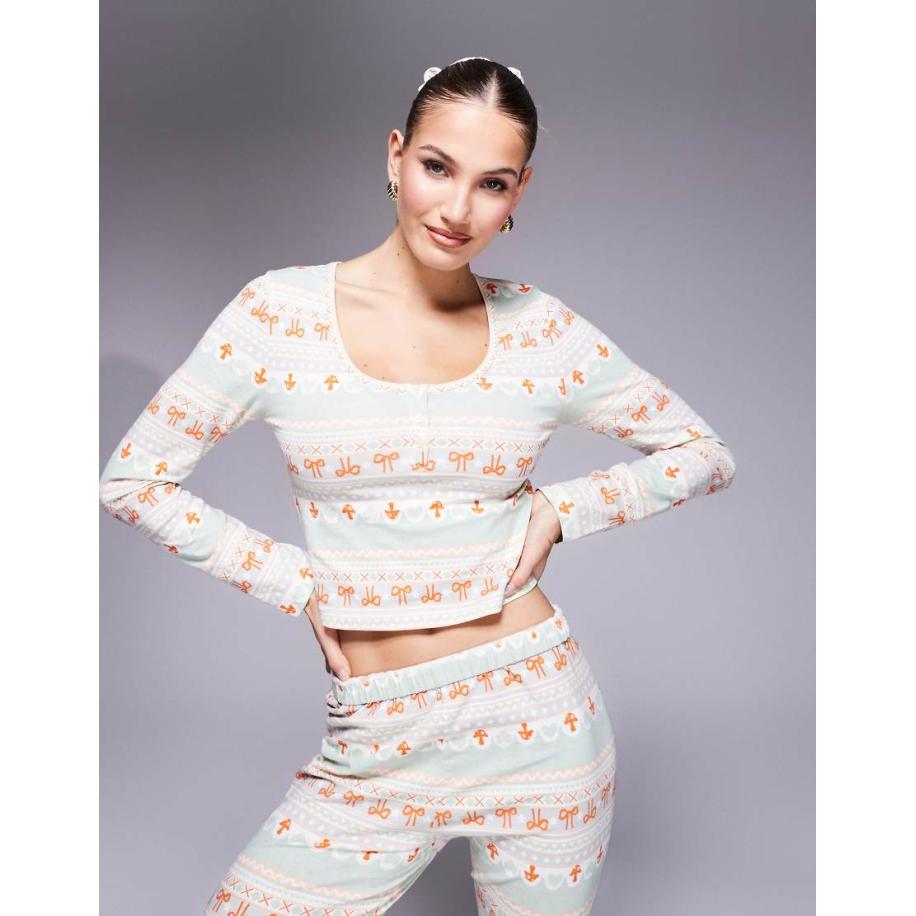 ASOS DESIGN Mix en match Pyjamatop met lange mouwen en scrunchie met Fair Isle-print-Veelkleurig Multicolor