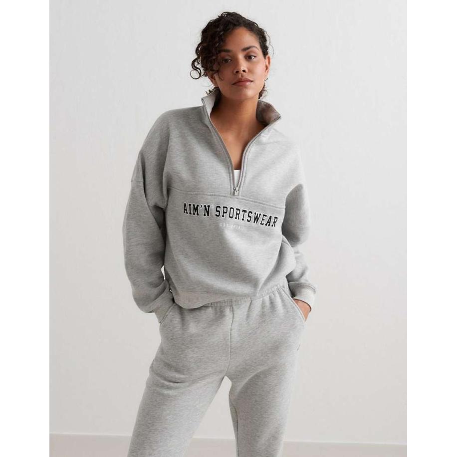 Aim'n Varsity sweater met korte rits in gemêleerd grijs Grijs