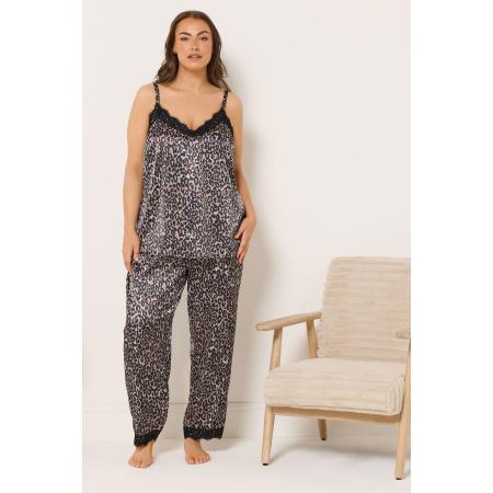 Yours Curve Zwarte Luipaard Satijnen Kant Cami Pyjama Set Size 66-68