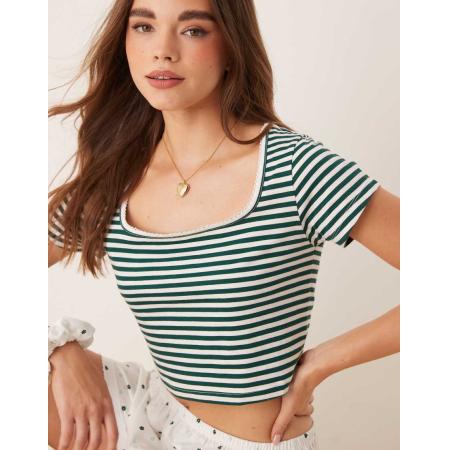 ASOS DESIGN Mix en match Aansluitend gestreept pyjama-T-shirt met picotrand in groen