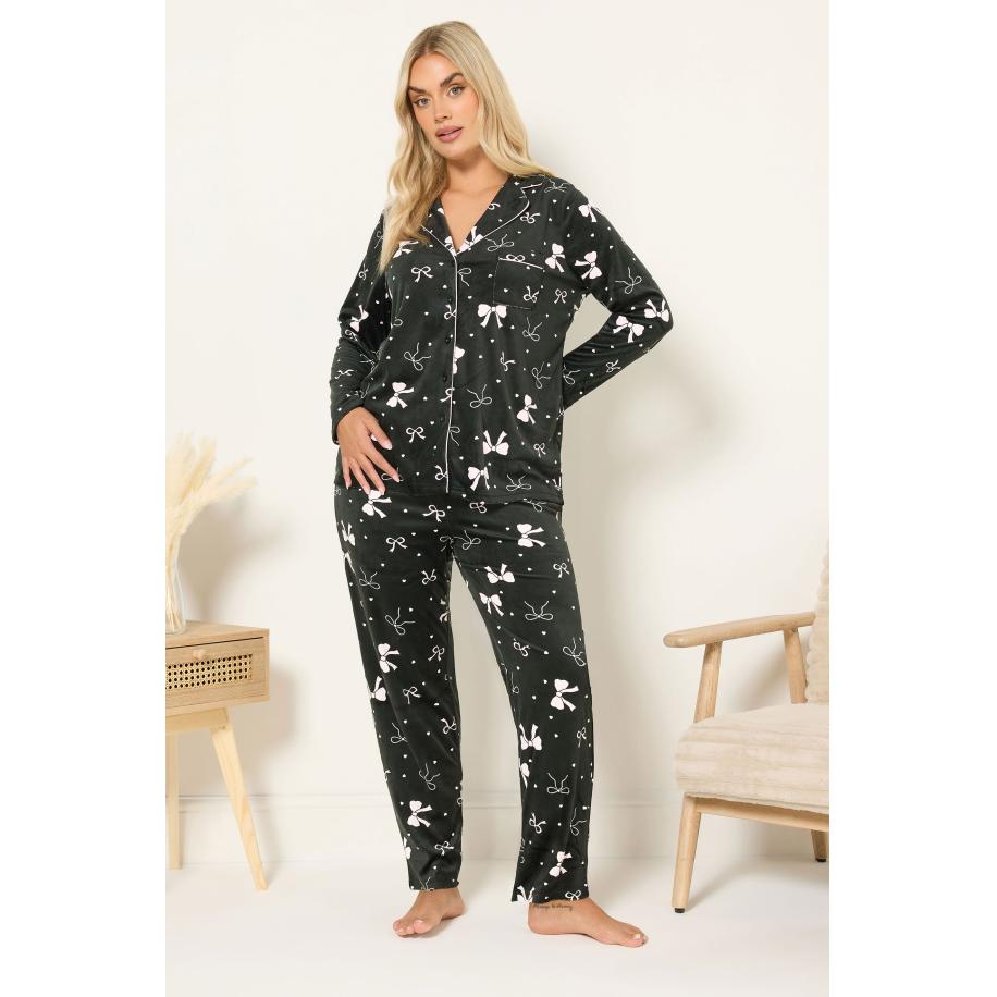 Yours Curve Zwarte Fleece Pyjamaset Met Strikprint Size 66-68 Zwart
