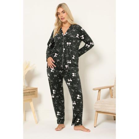 Yours Curve Zwarte Fleece Pyjamaset Met Strikprint Size 66-68