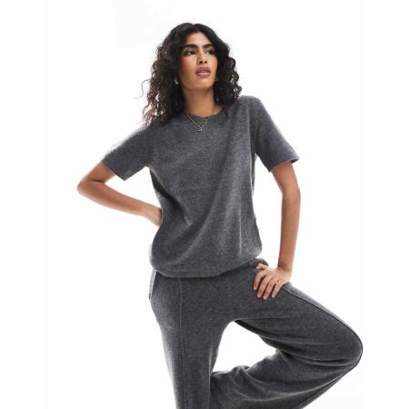 Pieces Mix en match Behaaglijk gebreid T-shirt in gemêleerd donkergrijs, deel van co-ord set