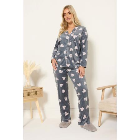 Yours Curve Grijs Fleece Pyjamaset Met Dierenhartprint Size 62-64