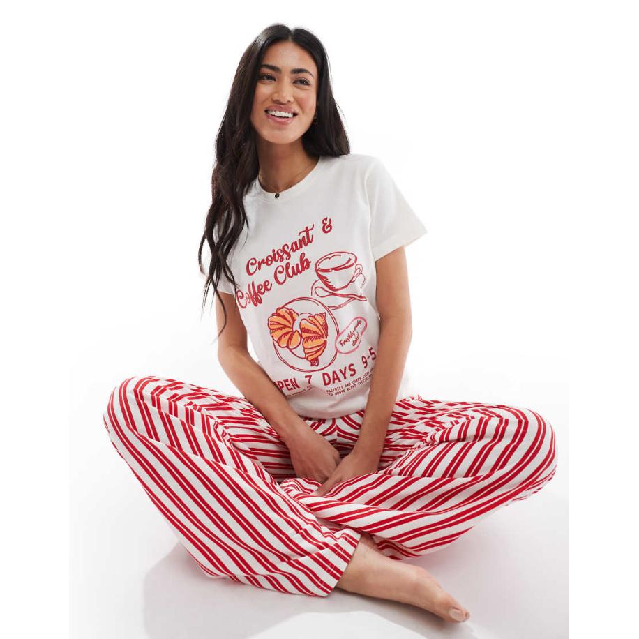 Threadbare Pyjamaset in rood met wit gestreept en koffie- en croissant-print Rood