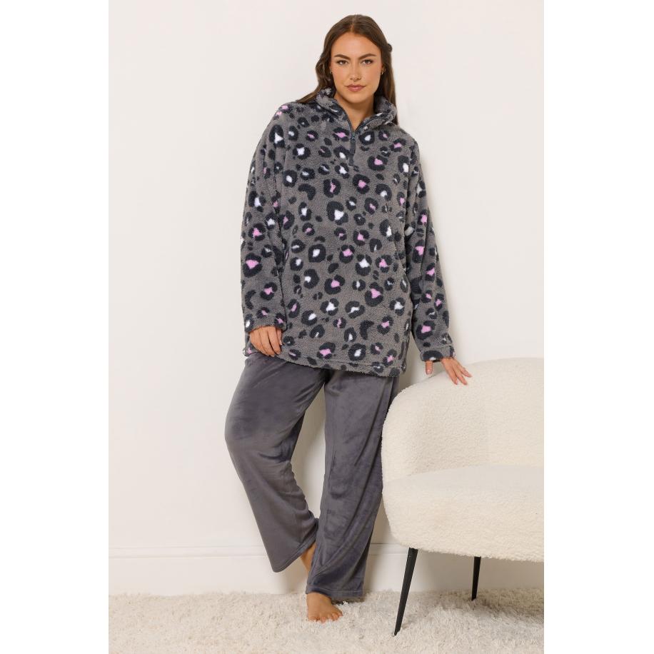 Yours Curve Grijze Borg Loungeset Met Dierenprint Size 66-68 Grijs