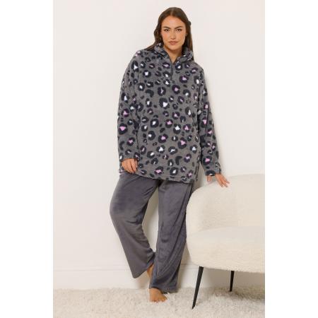 Yours Curve Grijze Borg Loungeset Met Dierenprint Size 66-68