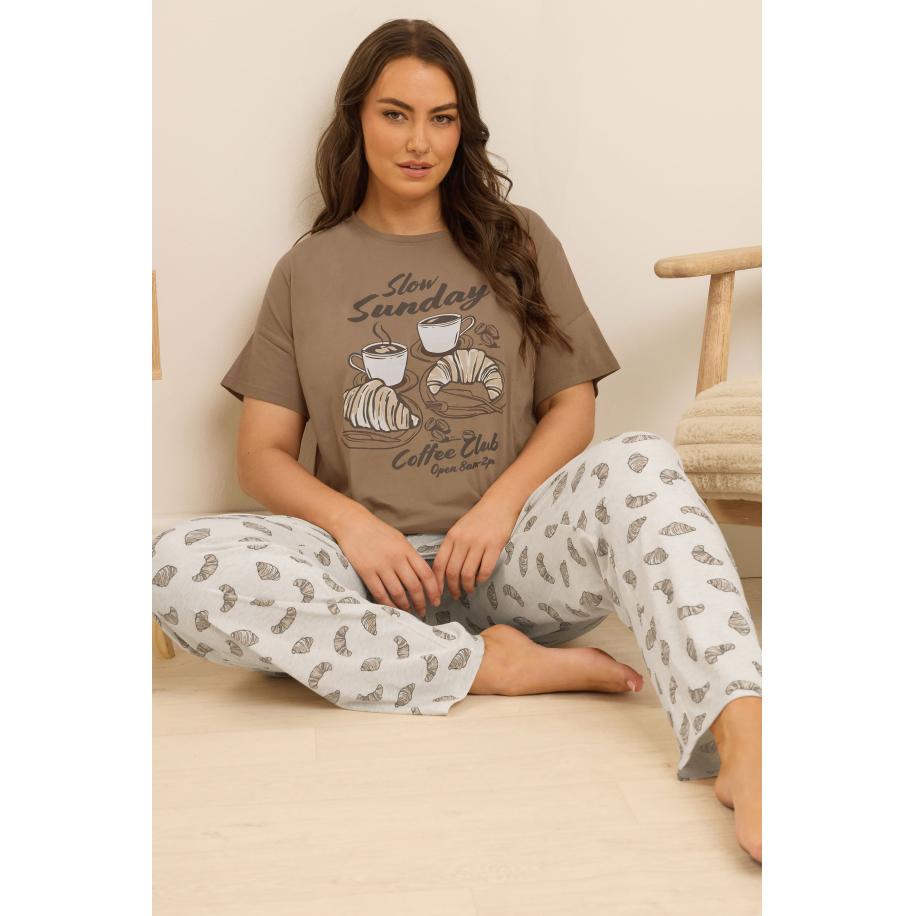 Yours Curve Bruin Coffee Club Wijde Pyjamaset Size 66-68 Bruin