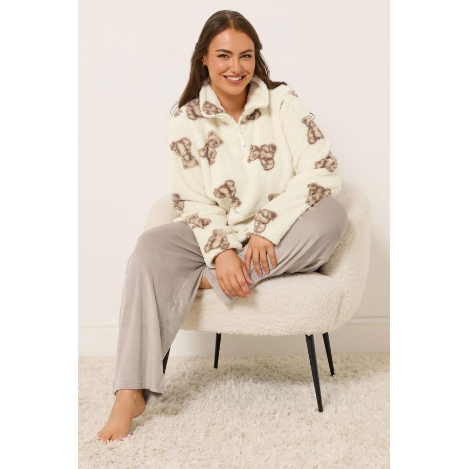 Yours Curve Ivoorwitte Teddy Print Borg Lounge Set Size 66-68 Bruin