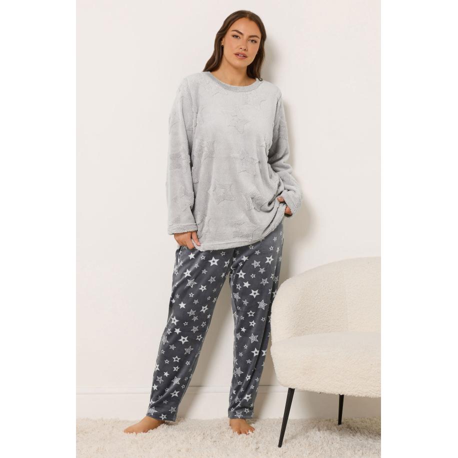 Yours Curve Grey Embossed Star Borg Lounge Set Size 66-68 Grijs