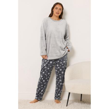 Yours Curve Grey Embossed Star Borg Lounge Set Size 66-68