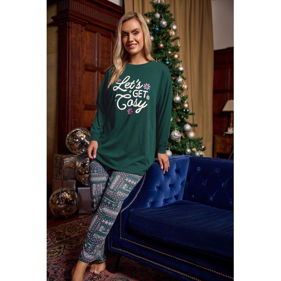 Yours Curve Green 'Lets Get Cosy' Fairisle Pyjamaset Met Wijde Pijpen Size 66-68 Groen