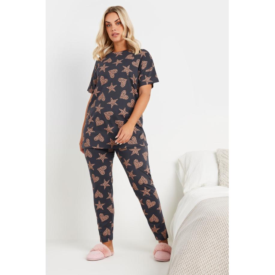 Yours Pyjamaset Met Hart En Sterrenontwerp Met Luipaardprint In Grijs Size 66-68 Grijs