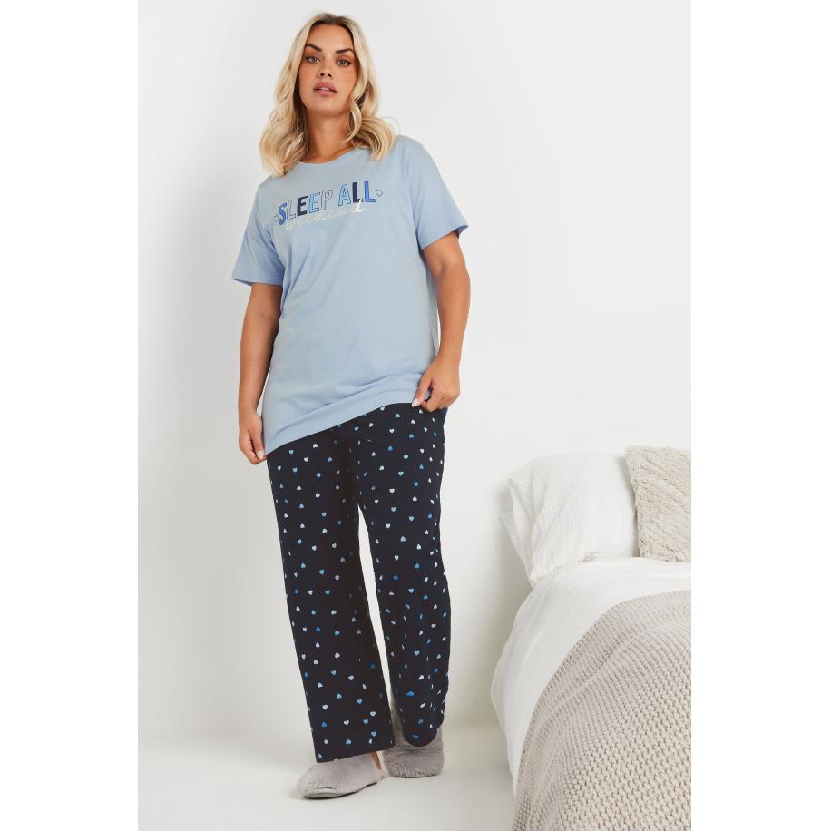 Yours Pyjamaset Met 'Sleep All Weekend' Slogan En Wijde Pijpen In Blauw Size 66-68 Blauw