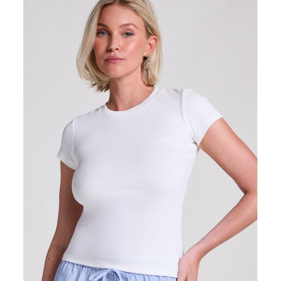 Hunkemöller Pyjama top korte mouwen rib Wit Wit