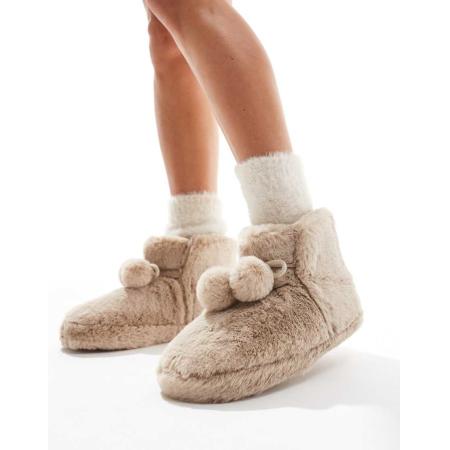 ASOS DESIGN Zyla Pantoffellaarsjes met pompons in nertskleur-Grijs