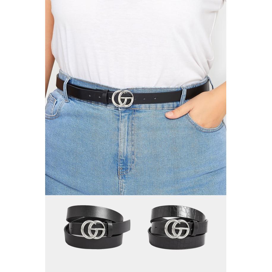 Yours 2Pack Zwarte & Krokodillenprint Initial Logo Riemensize 56-60 Zwart