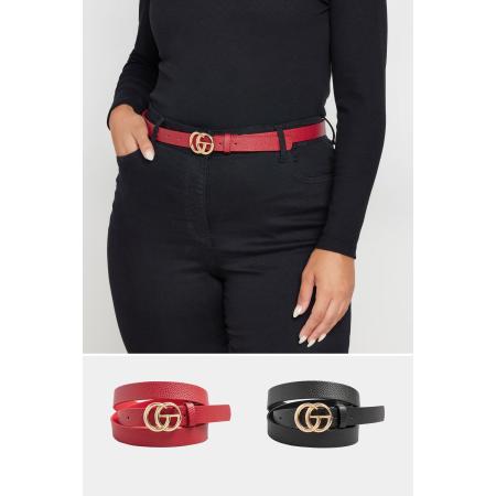 Yours Set Van Twee Paar Riemen Met Textuur En Ronde Gesp In Zwart/Roodsize 58-60