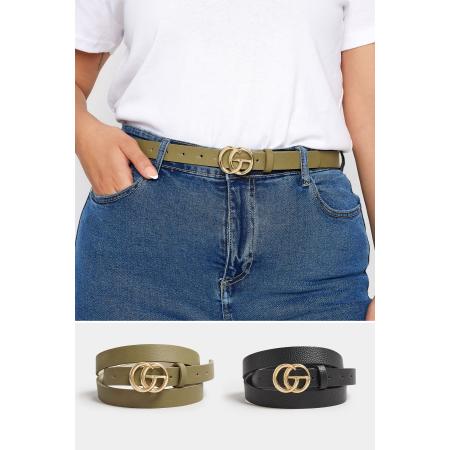 Yours Set Van Twee Paar Riemen Met Textuur En Ronde Gesp In Zwart/Kakigroensize 56-60