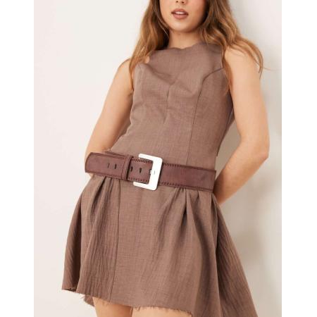 My Accessories Brede riem met vierkante gesp in bruin en geborsteld zilver