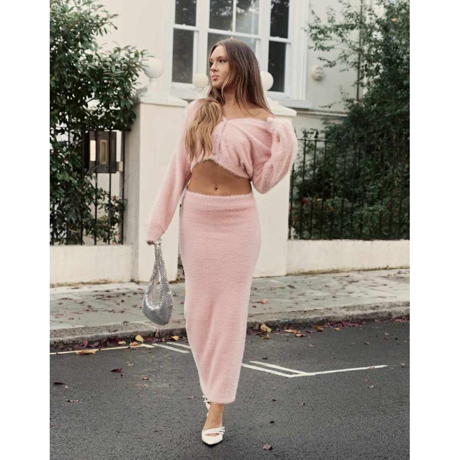 De Frolic x Bella Stovey Exclusives Pluizig gebreide maxi rok van co-ord set in roze Roze