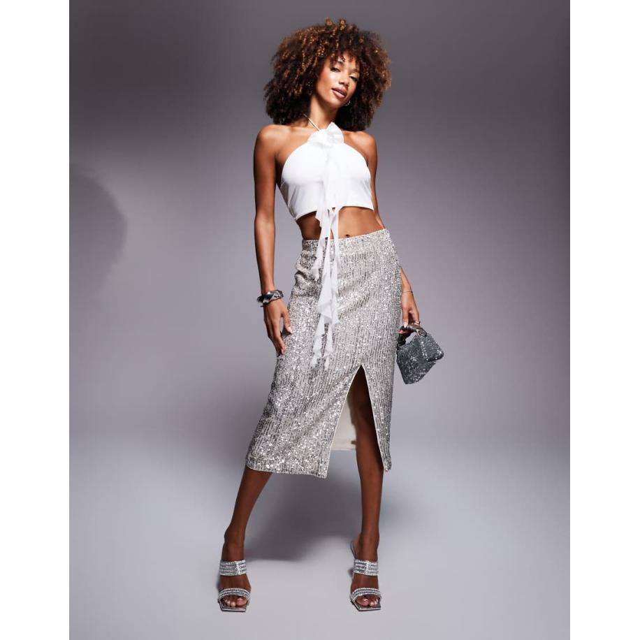 Morgan Midi rok met lovertjes en dijsplit in zilver-Goud Goud