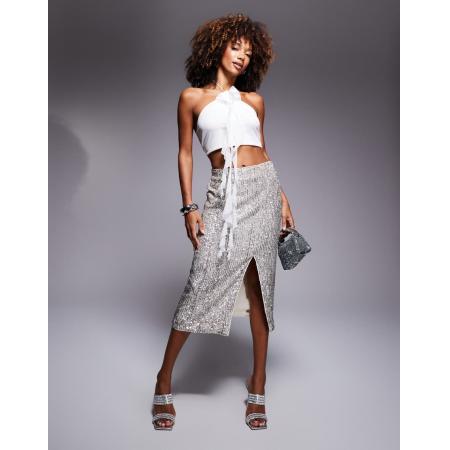 Morgan Midi rok met lovertjes en dijsplit in zilver-Goud