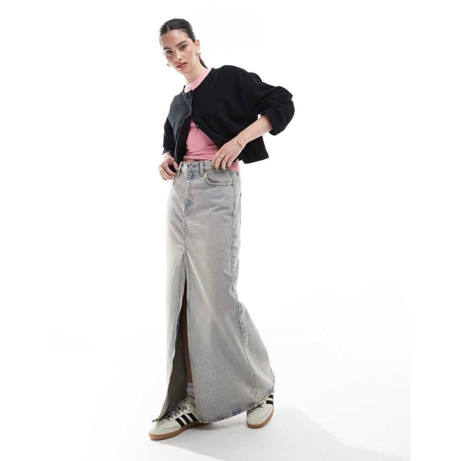 Dr Denim Myra Denim midi rok met split aan de voorkant in canyon lichte vintage wassing-Blauw Blauw