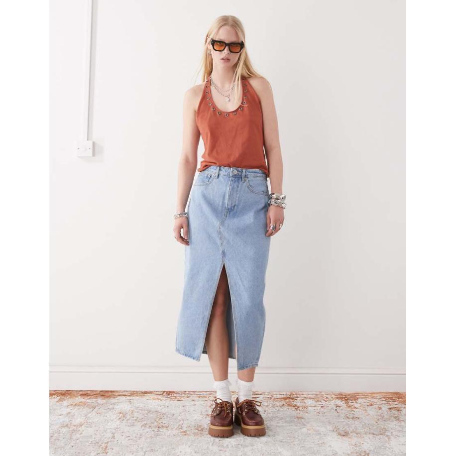 Obey Simplex Denim midirok met split aan de voorkant in light wash blauw Blauw