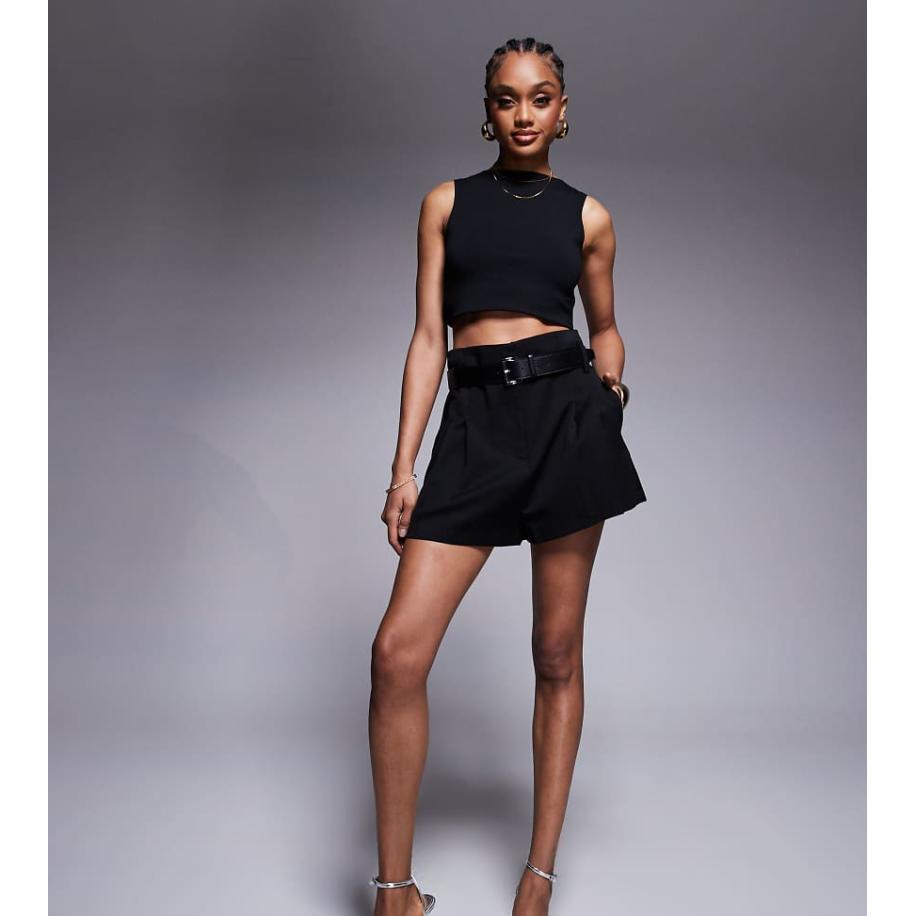 ASOS DESIGN Tall Nette short met hoge taille en riem in zwart Zwart