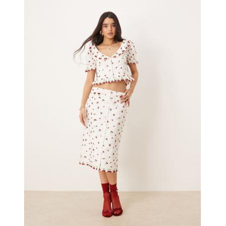 For Love & Lemons Beaded Cherries Midirok in wit en rood, deel van co-ord set-Veelkleurig