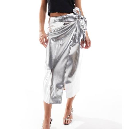 Never Fully Dressed Petite Jaspre Midi rok van polyurethaan in zilver