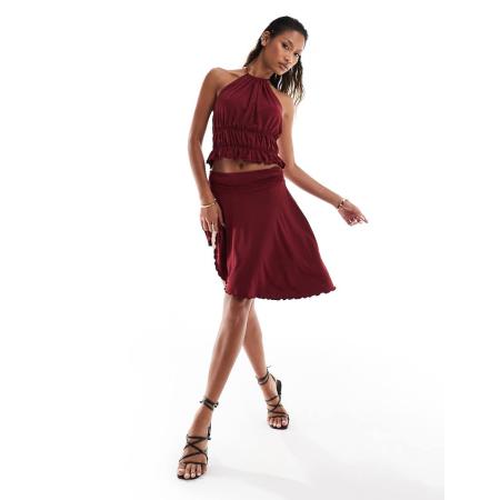 ASOS DESIGN Gesmokte asymmetrische rok in wijnrood, deel van co-ord set