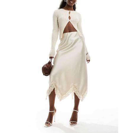 Miss Selfridge Satijnen maxi rok met bies in crème-Wit