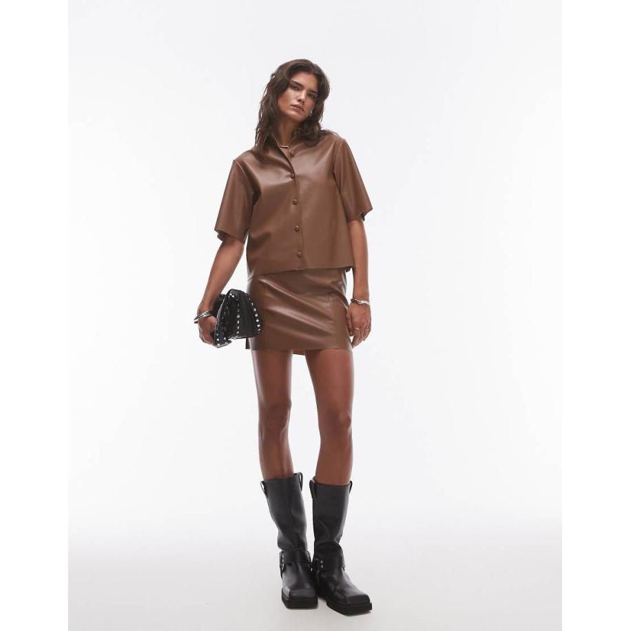 Topshop Mini rok van imitatieleer in chocoladebruin, deel van co-ord set-Brown Bruin